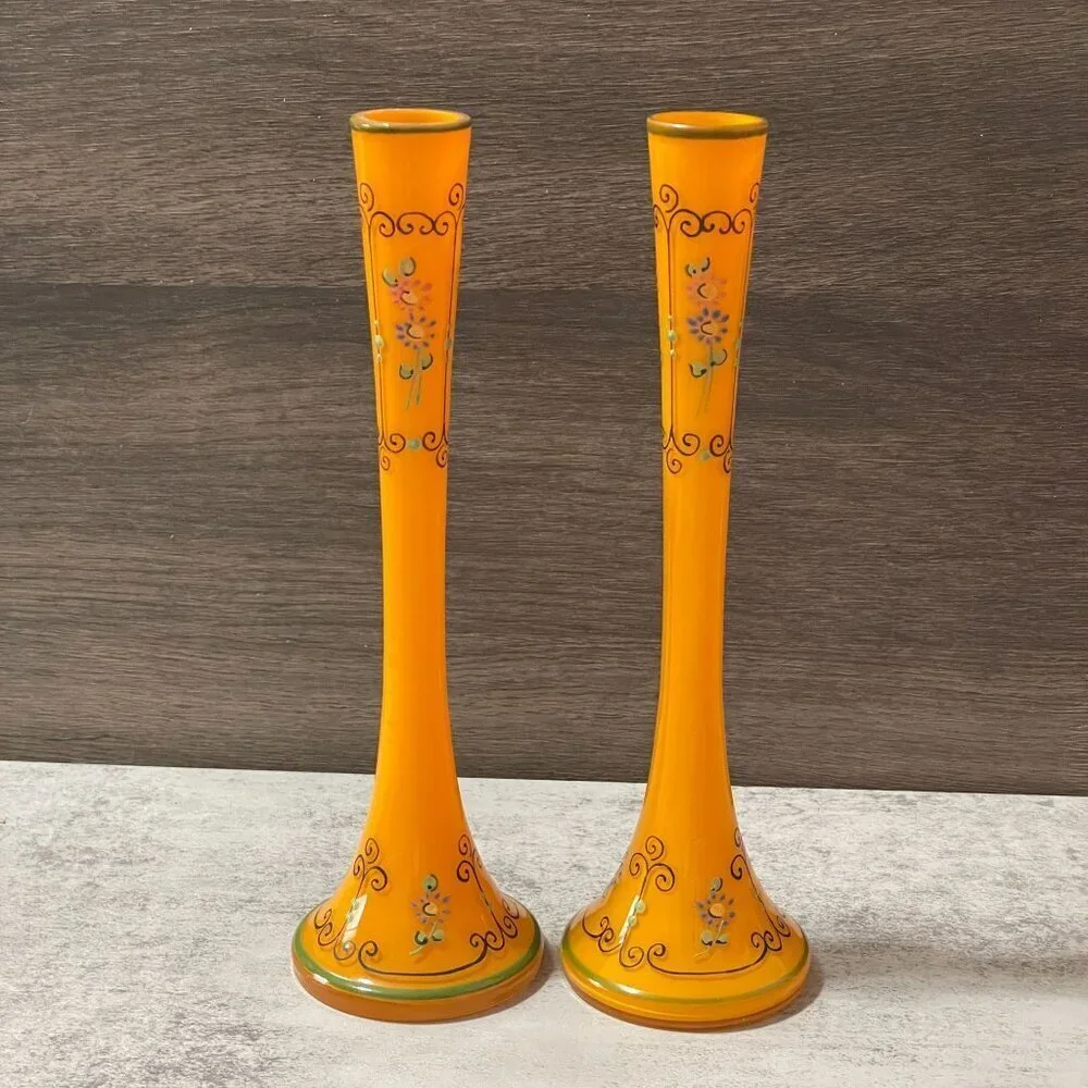 Vintage Czechoslovakia Enamel Hand Painted Orange Glass Vases Set of Two 8.25